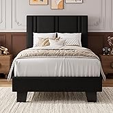 iPormis Twin Platform Bed Frame with Fabric Upholstered Headboard & Thickened Legs, Mattress Foundation with Solid Wooden Slats Support, No Box Spring Needed, Noise Free, Black