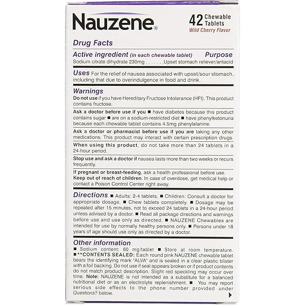 NAUZENE NON-DROWSY UPSET STOMACH & NAUSEA RELIEF CHEWABLE TABLETS – FAST-ACTING RELIEF IN 4 MINUTES – DOCTOR RECOMMENDED – WILD CHERRY FLAVOR, 42 CT