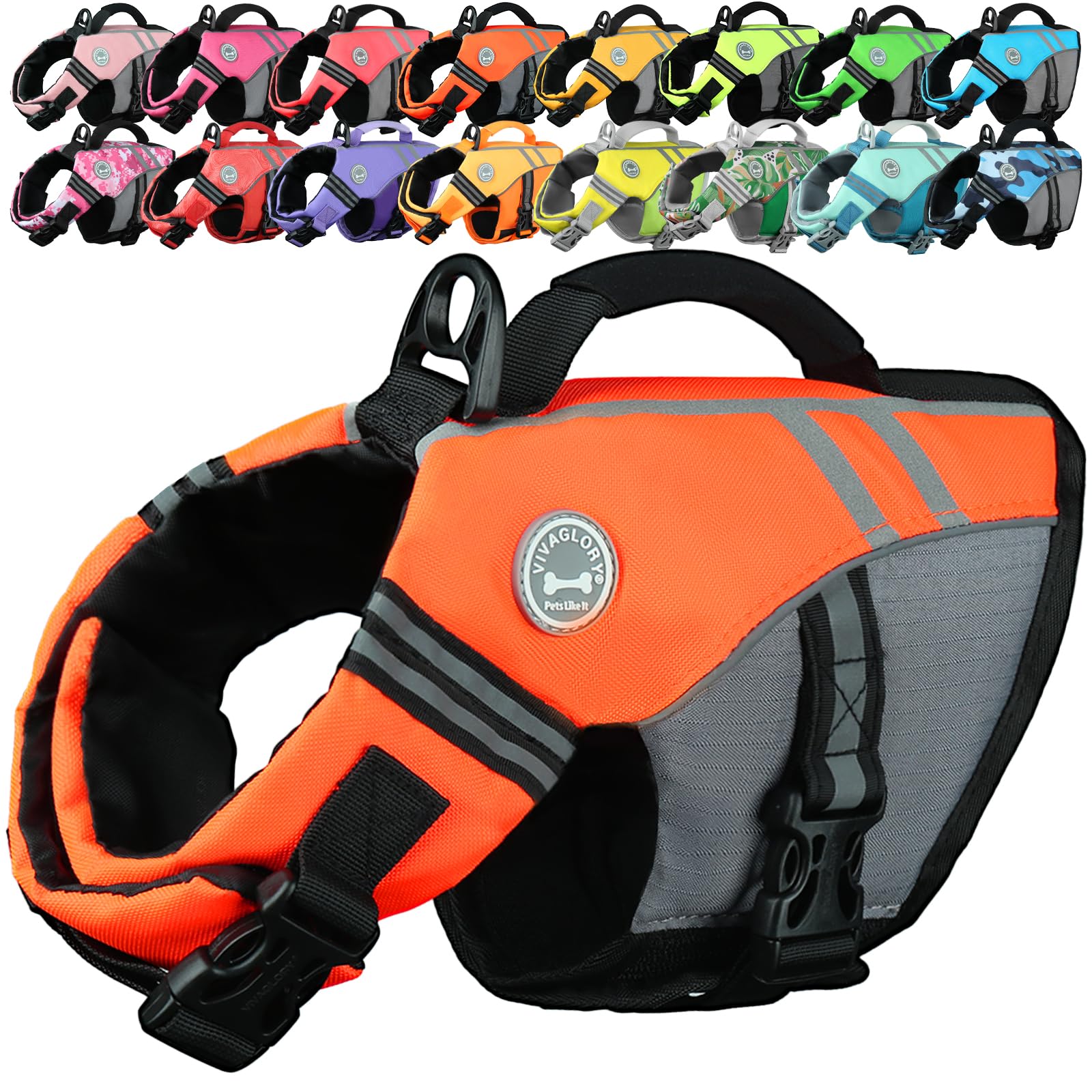 VIVAGLORY Sports Style Dog Life Jacket, Dog Buoyancy Jacket for Swimming & Boating, Ripstop & Buoyancy for Doggy, Life Vest with Handle, XS, Bright Orange