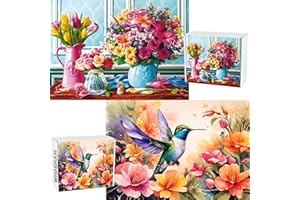 WISHDIAM Jigsaw Puzzles for Adults,2 Pack Puzzles for Adults 1000 Pieces Flower & Hummingbird Puzzles, Mother's Day, Spring Puzzles Gifts for Women & Mom & Teacher, Valentines Day Gifts