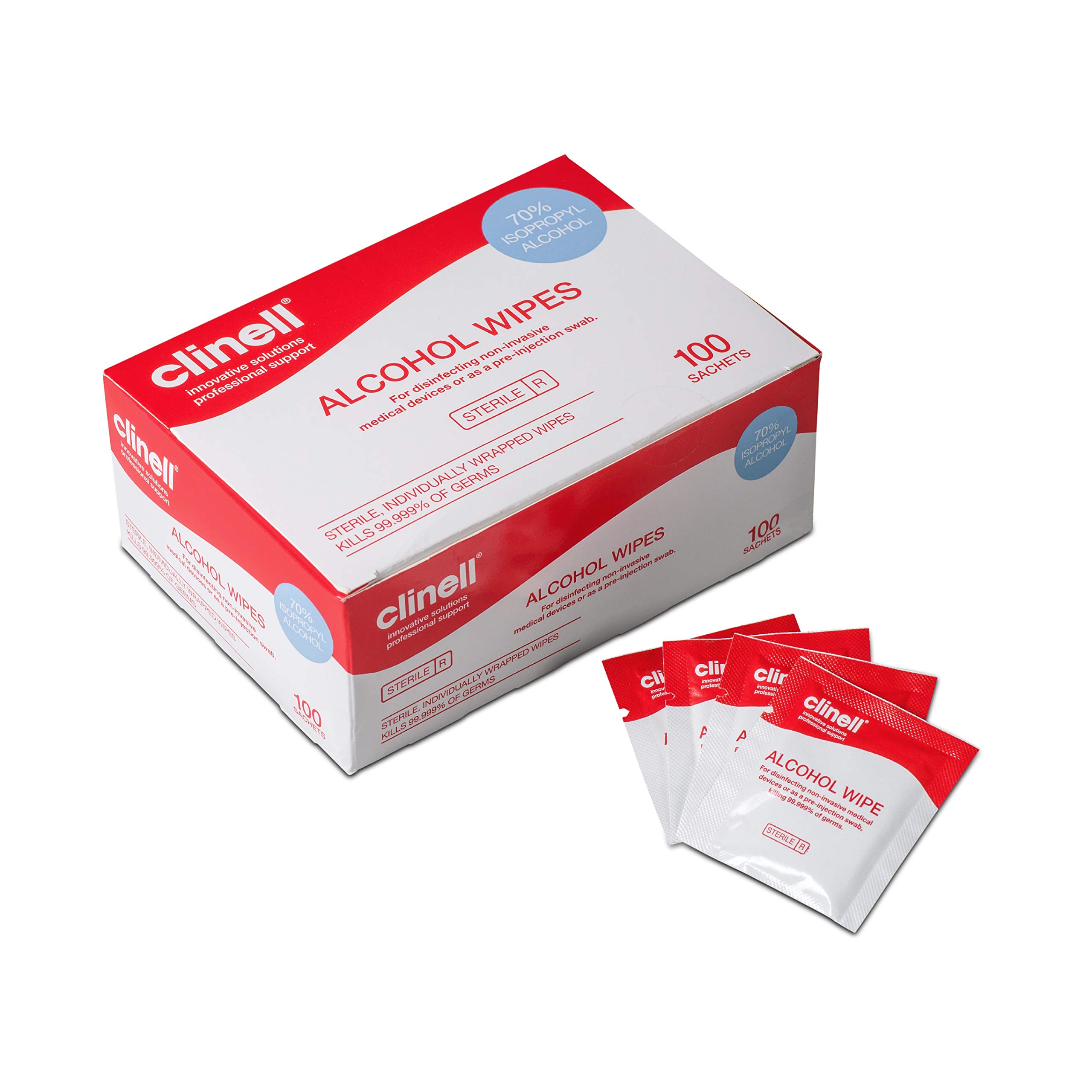 Clinell Alcohol Wipes - Sterile, Individually Wrapped Wipes for Disinfection - Saturated With 70% Alcohol - Use on Skin or Medical Devices - Dermatologically Tested - 100 Individual Wipes