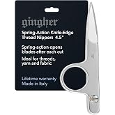 Gingher 4.5" Spring-Action Knife-Edge Thread Snips, Fabric Scissors | Sewing &amp; Embroidery Shears, Sharp Knife Edge for Cutting Heavy Yarn &amp; Fabric, Chrome Plated Nickel Finish, Leather Sheath