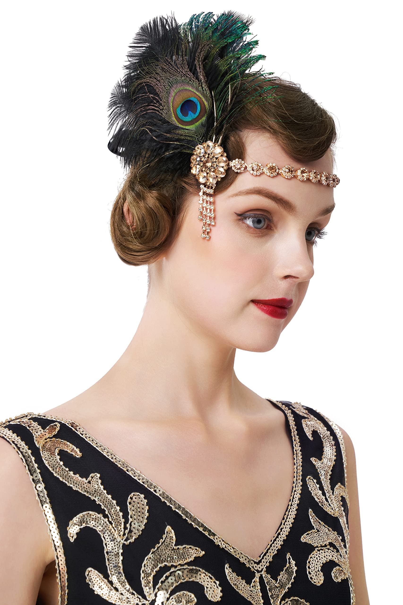 BABEYOND 1920s Feather Headpiece - Peacock Feather Crystal Headband for Great Gatsby Costume (Black)