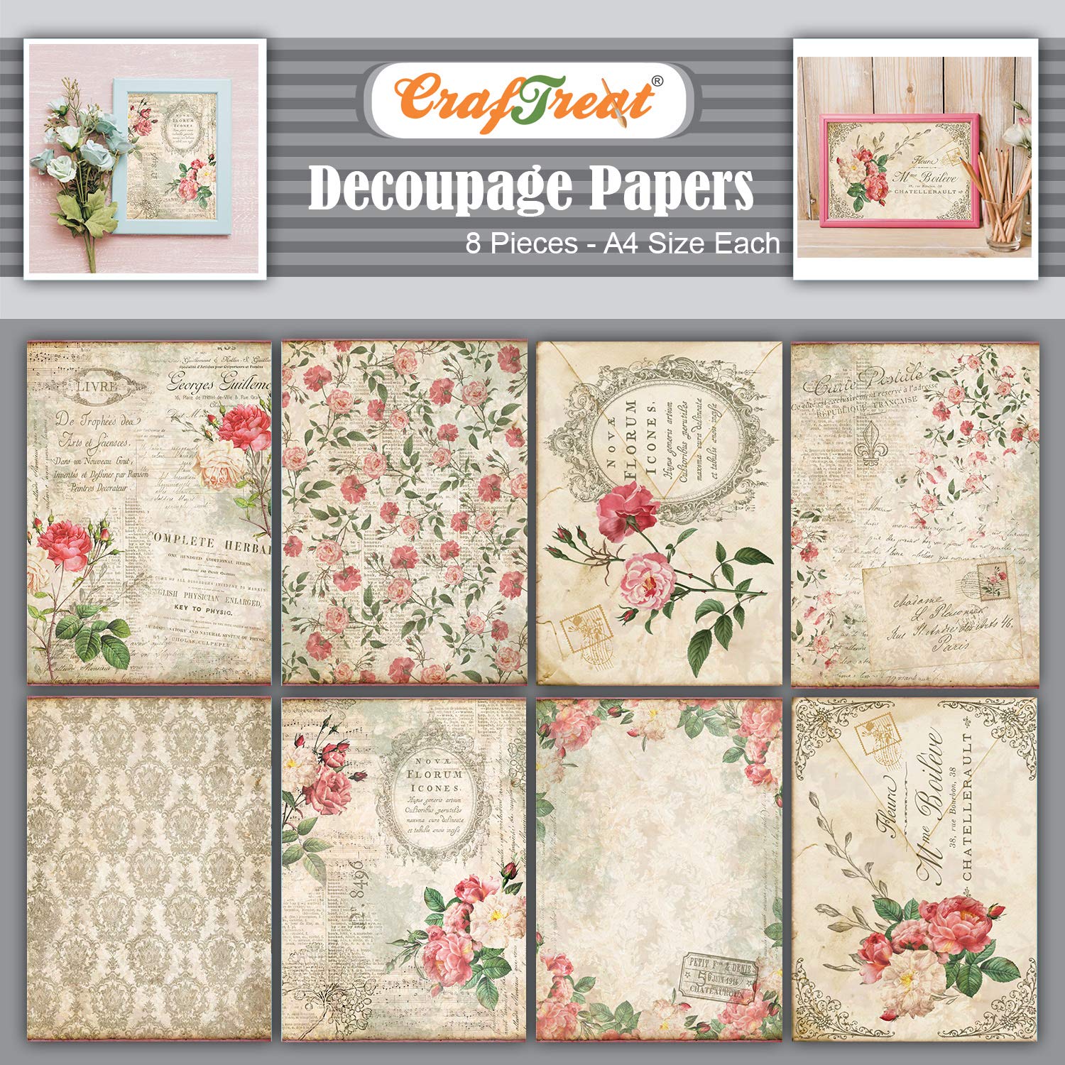 CrafTreat Reusable French Decoupage Paper for Crafts - French Florals 1 and 2 - Size: A4-8 Pcs - Furniture Decoupage Paper Vintage French - Floral Decoupage Paper for Wood and Scrapbooking