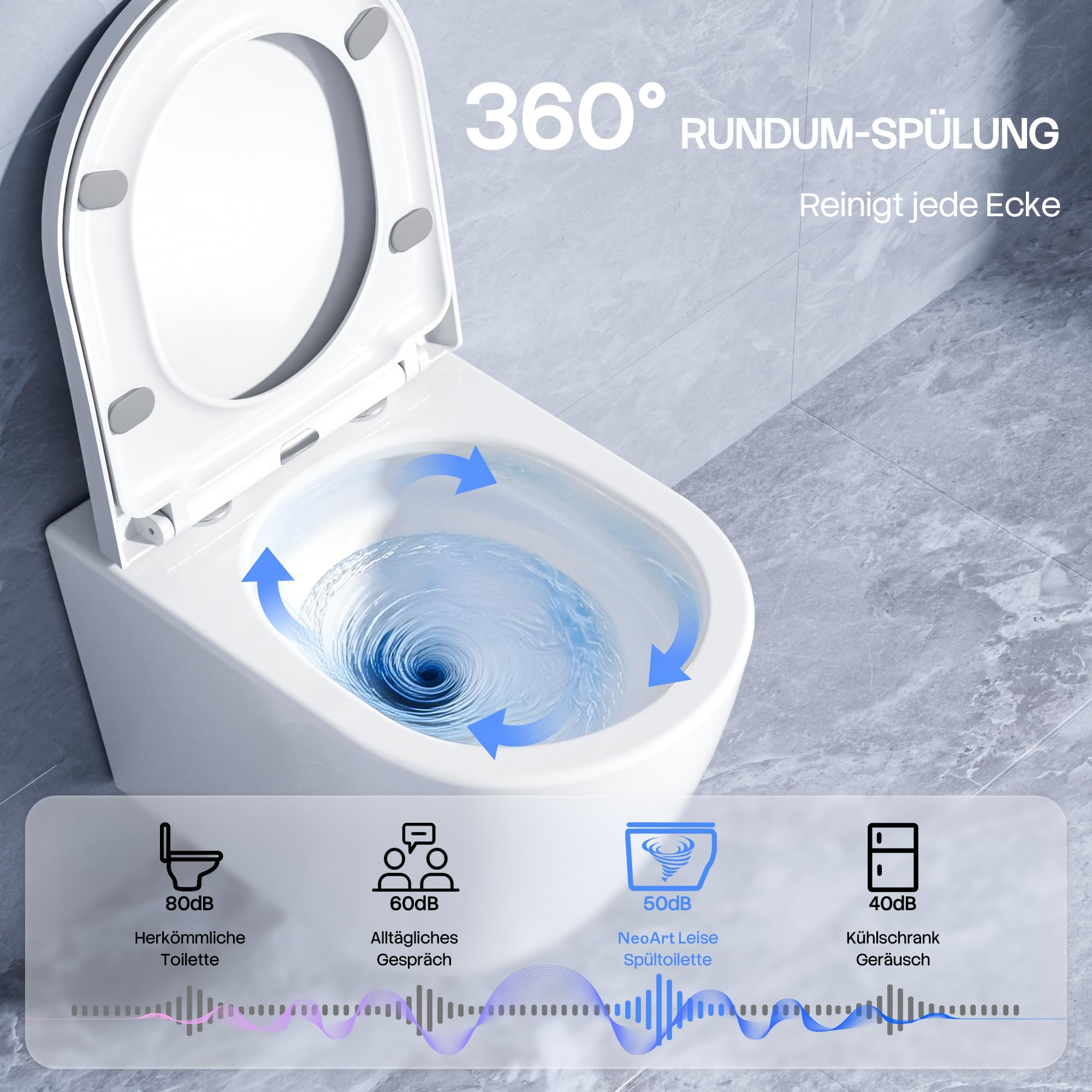 NeoArt Spülrandloses Hänge-WC, Leises Und Wassersparendes Hochleistungs-Spülsystem, Wand-WC Mit Abnehmbarem WC-Sitz Mit Absenkautomatik, Mehrere Farben Verfügbar,49.5 cm (Weiß) 2
