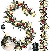 Ceenna 2 Pack 6 Ft Prelit Christmas Garland with Bell Lights Battery Operated with Timer Remote Artificial Lighted Holly Leaves Garland with Pine Cones Berries for Mantle Indoor Outdoor