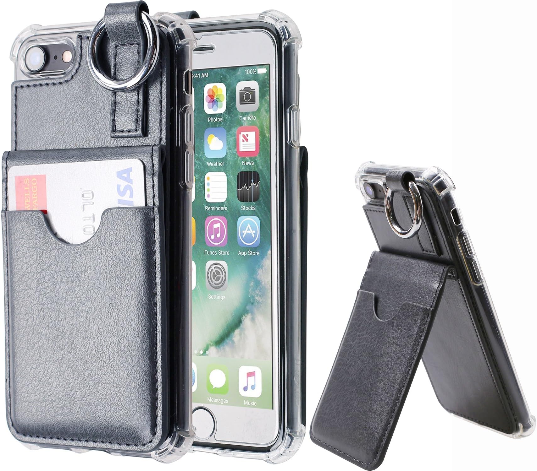 iPhone 7 Plus Wallet Case,[Pocket Ring Bumper] Credit Card Case [Kick Stand] Protective Hybrid Case [Key Ring Holder] with 3 Cards Slot Wallet for iPhone 7 Plus (Dark Grey)