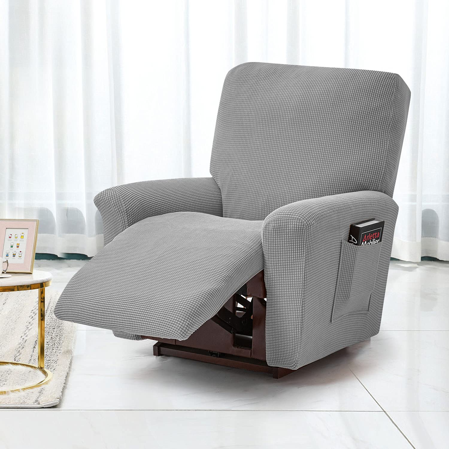 Stretch Recliner Covers, Jacquard Recliner Chair Slipcovers, Polyester Furniture Cover Recliner Sofa Couch Cover With Pocket for Living Room Sofa Cover (Silver)