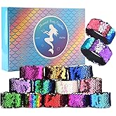 KUUQA 16 Pcs Magic Sequins The Mermaid Bracelets 2-Color Sequin Reversible Glitter Slap Bracelets Charms Wristband for Kids Little Mermaid Birthday Party Favors Bags Supplies (Random Colors)