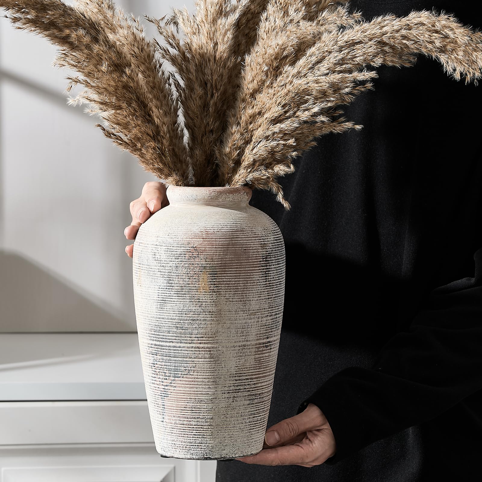 Vaseking Large Ceramic Rustic Vase, 11 inch Minimalist Decorative Vase, Farmhouse Tall Vase for Home Decor, Living Room, Shelf Decor, Enterway, Table Decoration, Gray - Image 3