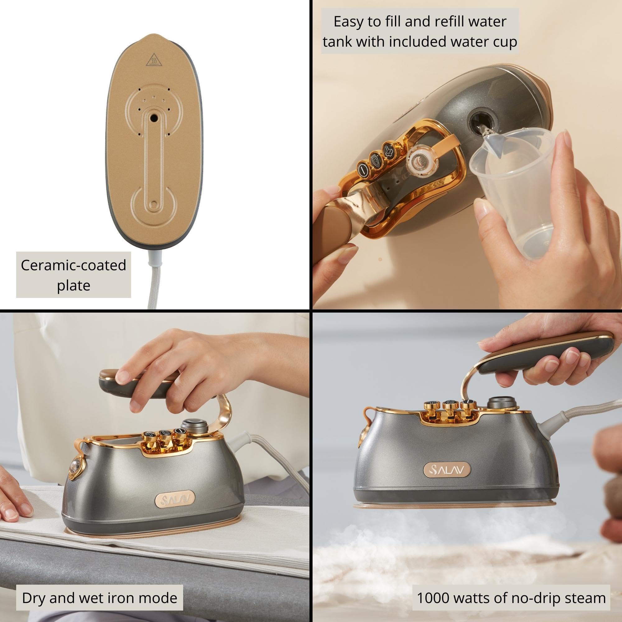 SALAV Retro Edition Steamer and Iron and Fabric Shaver and Lint Roller Bundle, Titanium