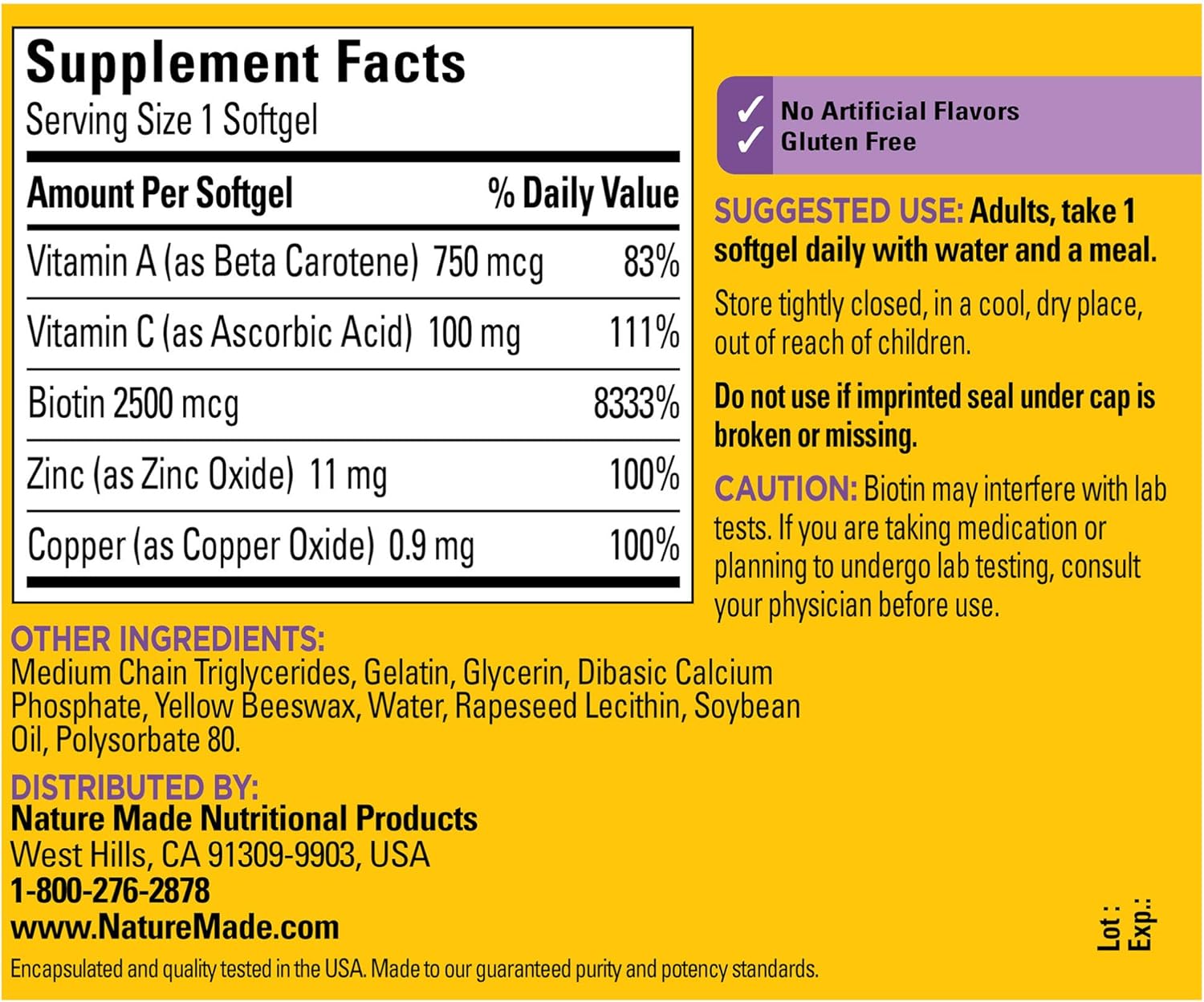 Nature Made Hair, Skin & Nails with 2500 mcg of Biotin Softgels, 60 Count for Supporting Healthy Hair, Skin and Nails† (Packaging May Vary): Health & Personal Care
