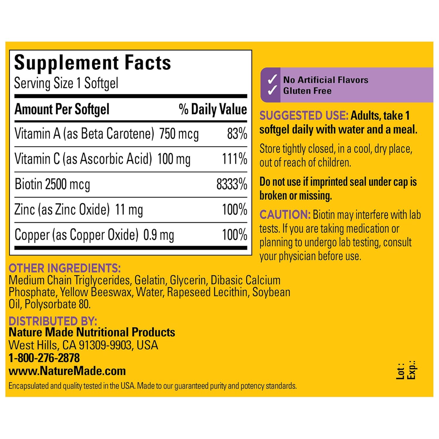 Nature Made Hair, Skin & Nails with 2500 mcg of Biotin Softgels, 60 Count for Supporting Healthy Hair, Skin and Nails† (Packaging May Vary): Prime Pantry