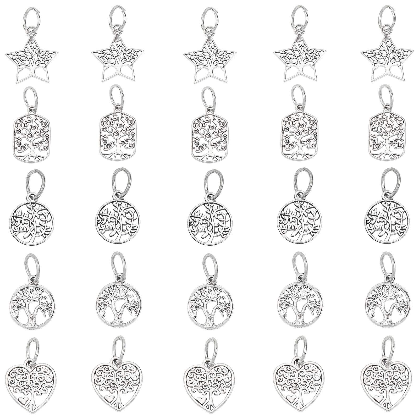 PandaHall 25pcs 5 Style Tibetan Style Alloy Pendants Tibetan Alloy Beads Charms for DIY Bracelet Necklace Jewellery Making, Antique Silver