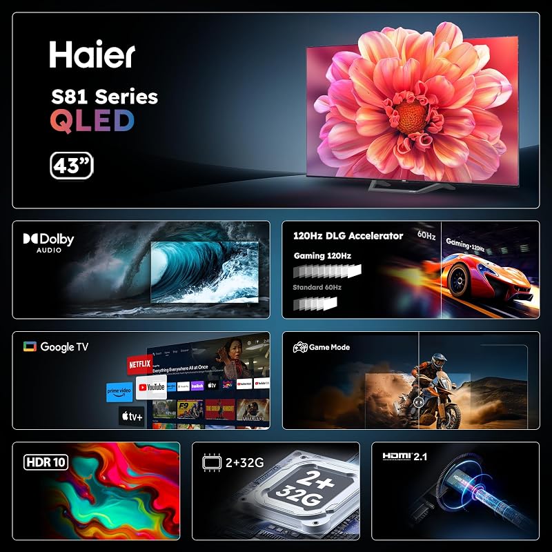 QLED 4K UHD H43S81FUX - 43", Smart TV, Google TV, Dolby Audio, HDR 10, Smart Remote Control, Google Assistant, Bluetooth 5.1, 120Hz Gaming, USB 2.0, DBX TV, HDMI 2.1 x 4, sem moldura, 2025