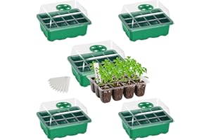 Bonviee 5-Pack Seed Starter Trays, Seed Starter Kit with Adjustable Humidity Dome and Base Indoor Greenhouse Mini Propagator for Seeds Growing Starting (12 Cells Per Tray, Green)