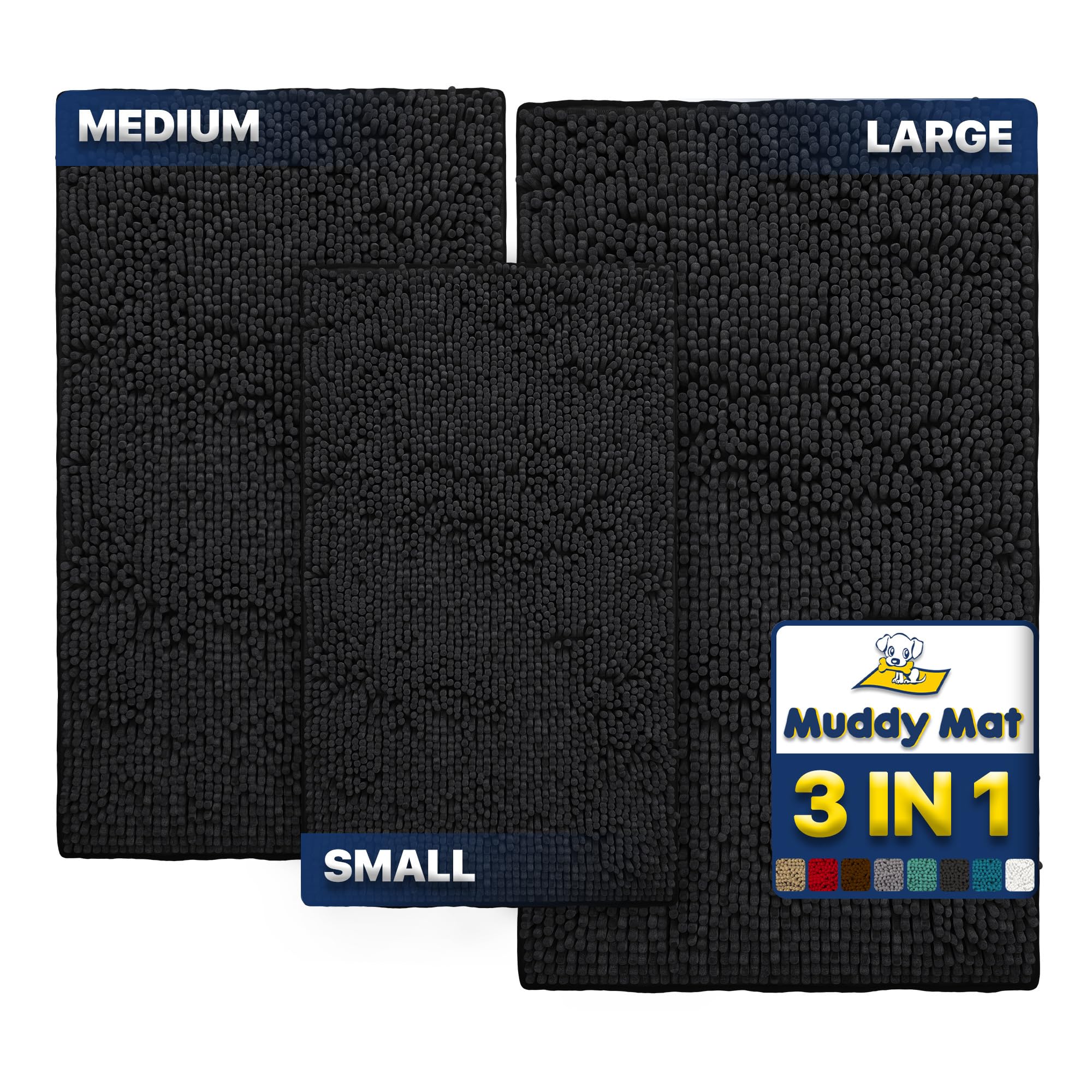 Photo 1 of Muddy Mat® Pack of 3 Highly Absorbent Microfiber Dog Door Mat and Pet Rug, Non Slip Thick Washable Area Mat Soft Chenille for Kitchen Bathroom Bedroom and Outdoor - Black Small, Medium & Large