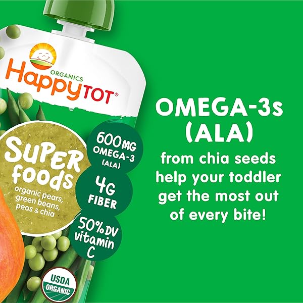HAPPYTOT ORGANICS STAGE 4 BABY FOOD POUCHES, GLUTEN FREE, VEGAN SNACK, SUPERFOODS FRUIT & VEGGIE PUREE, PEARS, PEAS, GREEN BEANS & CHIA, 4.22 OUNCE (PACK OF 16)
