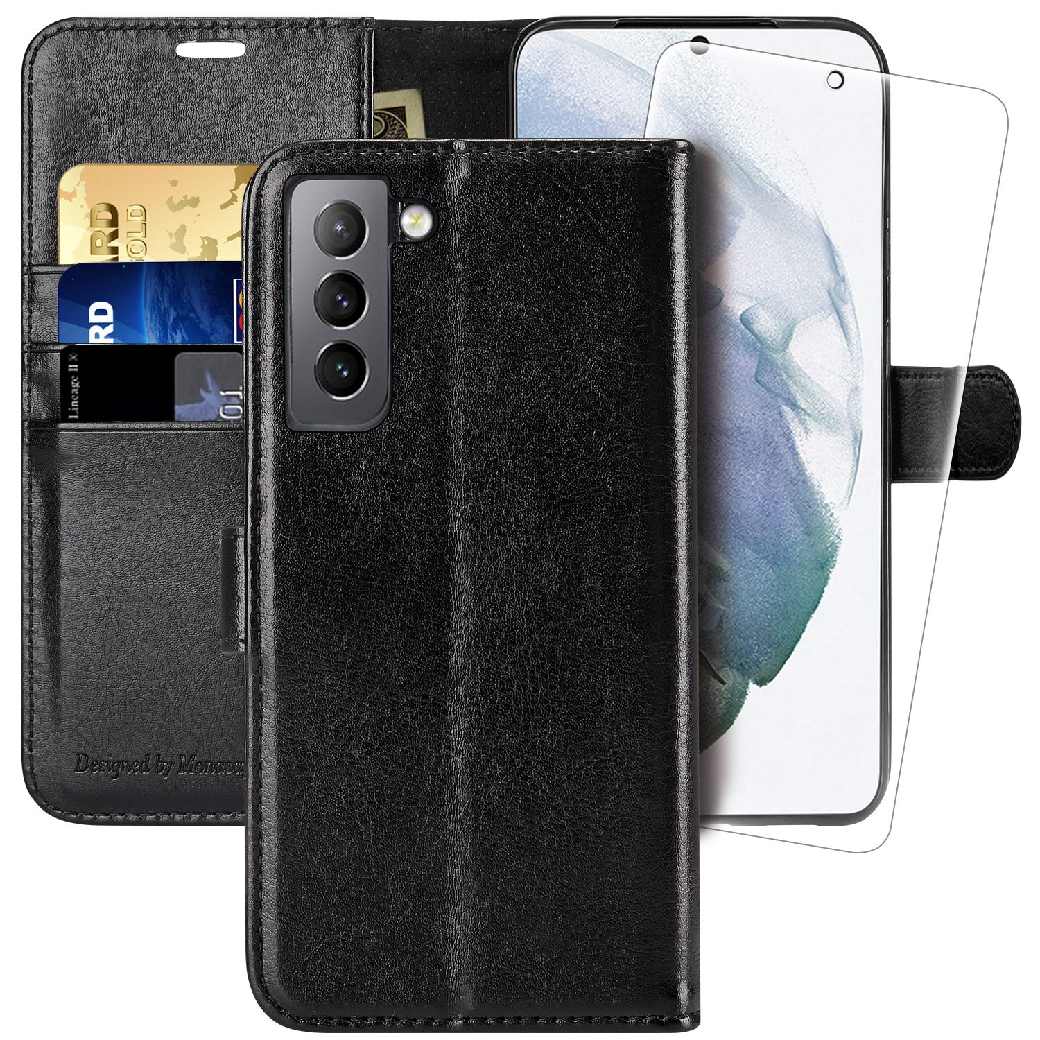 MONASAY Galaxy S21 5G Wallet Case,6.2 inch [Screen Protector Included][RFID Blocking] Flip Folio Leather Cell Phone Cover with Credit Card Holder for Samsung Galaxy S21 5G,Black — image 1