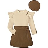 MIGU Girls Clothes Ruffle Long Sleeve Round Neck Button Top Skirt Short Beret Fall Outfit 3 Piece Skirt Set