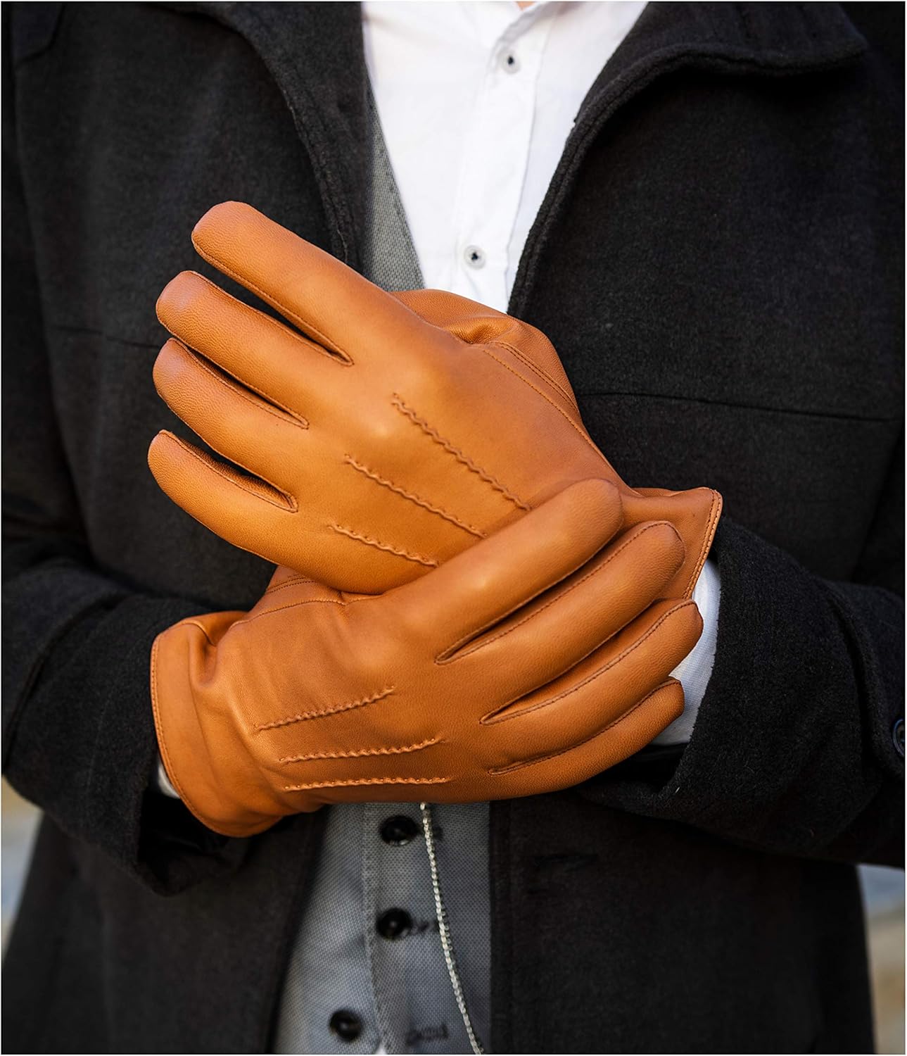 Harssidanzar Mens Luxury Italian Sheepskin Leather Gloves Vintage Finished Cashmere Wool Lined at  Men’s Clothing store