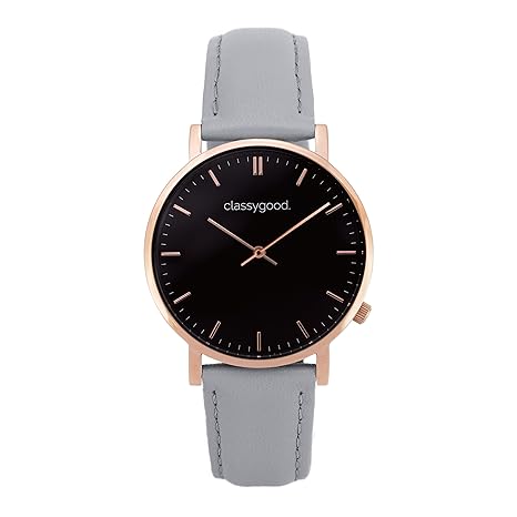 classygood. „Classic“ Damen/Herren Uhr Analog Quarzuhrwerk mit Leder Armband grau roségold Zifferblatt schwarz