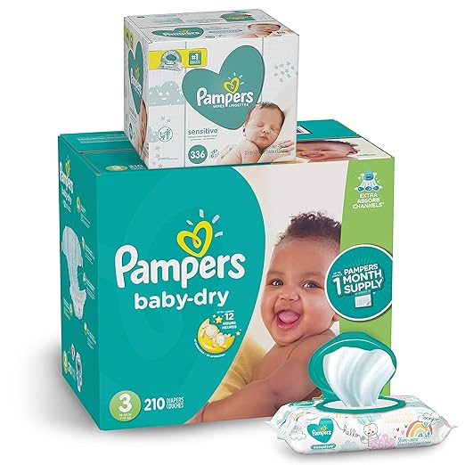 Diapers Size 3 - Baby Dry Disposable Baby Diapers, 210 Count ONE MONTH SUPPLY with Baby Wipes Sensitive 6X Pop-Top Packs, 336 Count