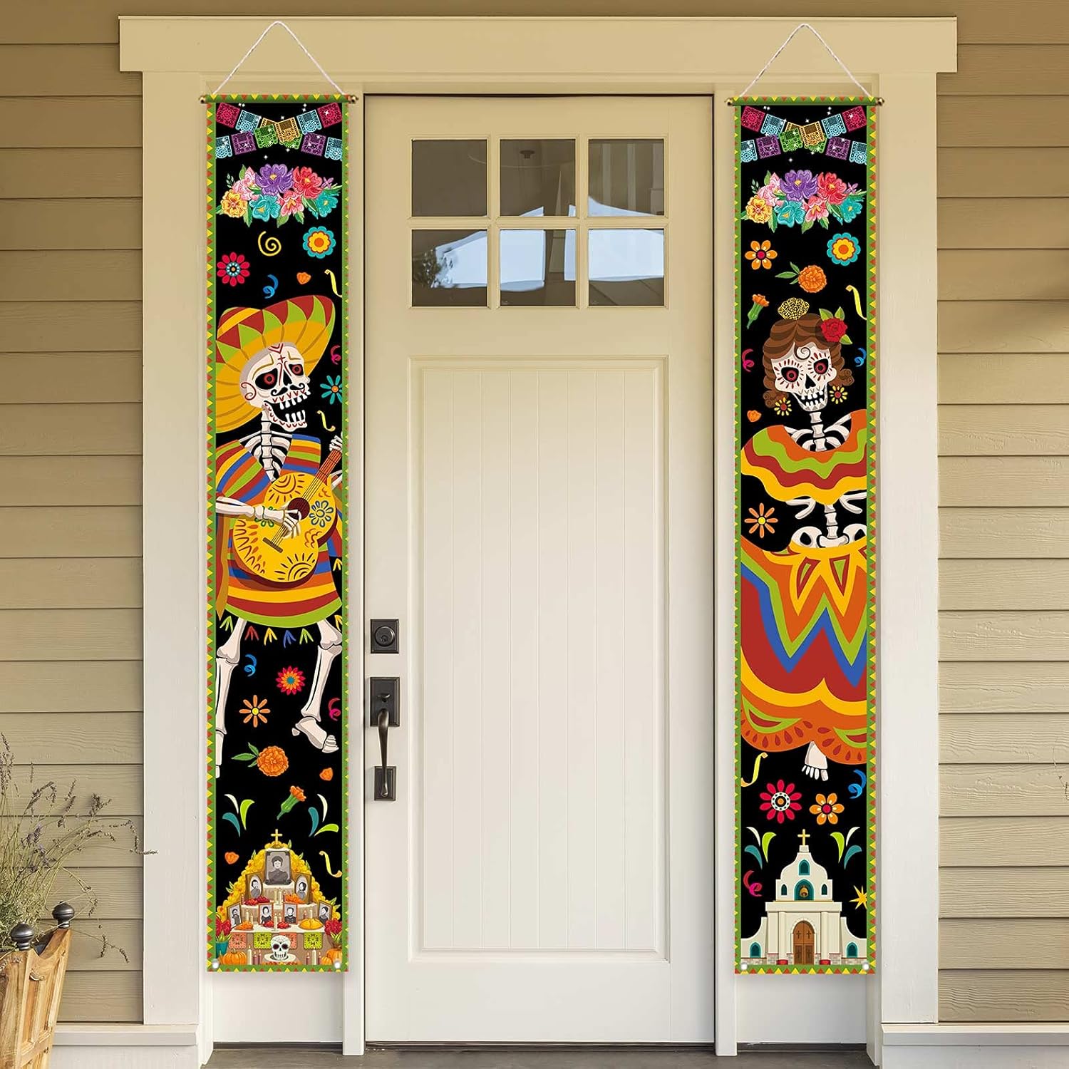 Yard Signs - Allenjoy Mexican Day of the Dead Porch Signs Hanging Wall Door Banner Skeleton Guitar Decorations Polyester Wrinkle Free Outdoor 11.8x70.9 Inch Home Decor Events Front Yard Party Supplies 2PCS