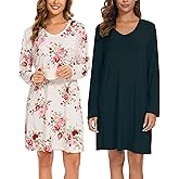 Kabento 2 Pack Long Sleeve Nightgowns for Women Soft Cotton Night Gowns Sleepwear V Neck Nightshirts