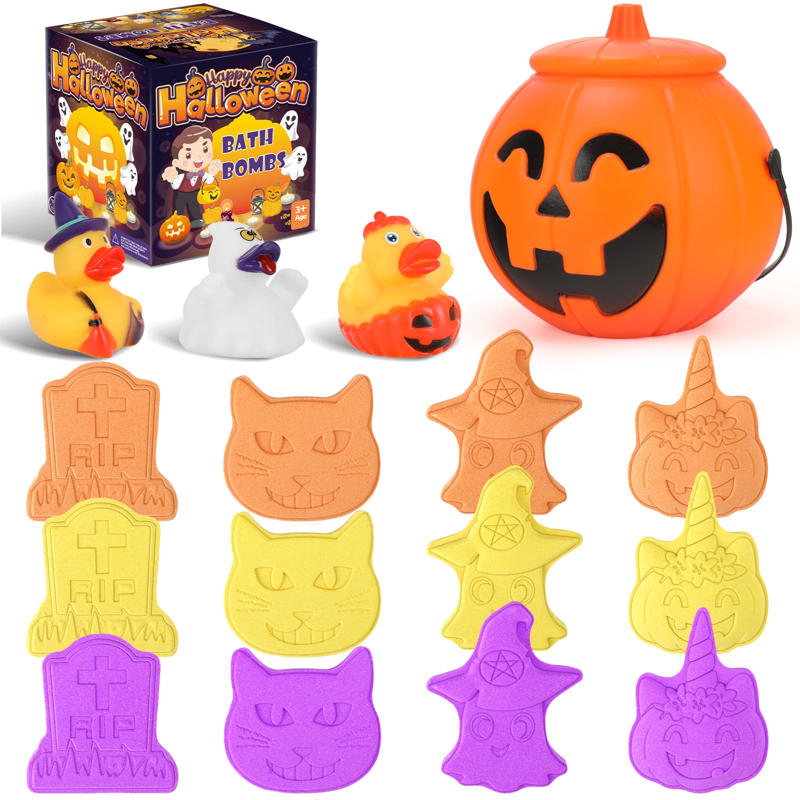 Photo 1 of 12 Pack Halloween Bath Bombs with Pumpkin Bucket, Bubble Bath Bomb Set for Kids with 3 Pcs Halloween Rubber Ducks, Ghosts, Pumpkin, Cats, Gravestone Shapes, Candy Bag Filler, Trick-or-Treating Gift