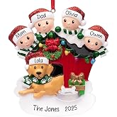 UniqXmas Personalized Family of 4 with Dog Christmas Ornament 2026 | Parents Kids &amp; Puppy with Doghouse Customized Xmas Tree Decoration | Family of Four with New Dog Keepsake - Custom Name &amp; Year