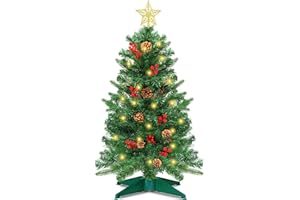 ENVOTEK 3 Ft Green Christmas Tree with Lights, Timer 8 Modes DIY 50 Warm White Lights Battery Operated Small Artifical Full Xmas Tree Pine Needles Cones Red Berry for Tabletop Home Indoor Holiday Party Decor