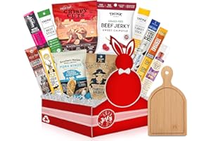 BUNNY · JAMES · Beef Jerky Gift Baskets for Men with Mini Cutting Board: Healthy Exotic Jerky Gift Box Includes Variety Of Pork Rinds, Venison, Chicken, Elk, Pork & Beef Meat Sticks - Great Gifts For Men