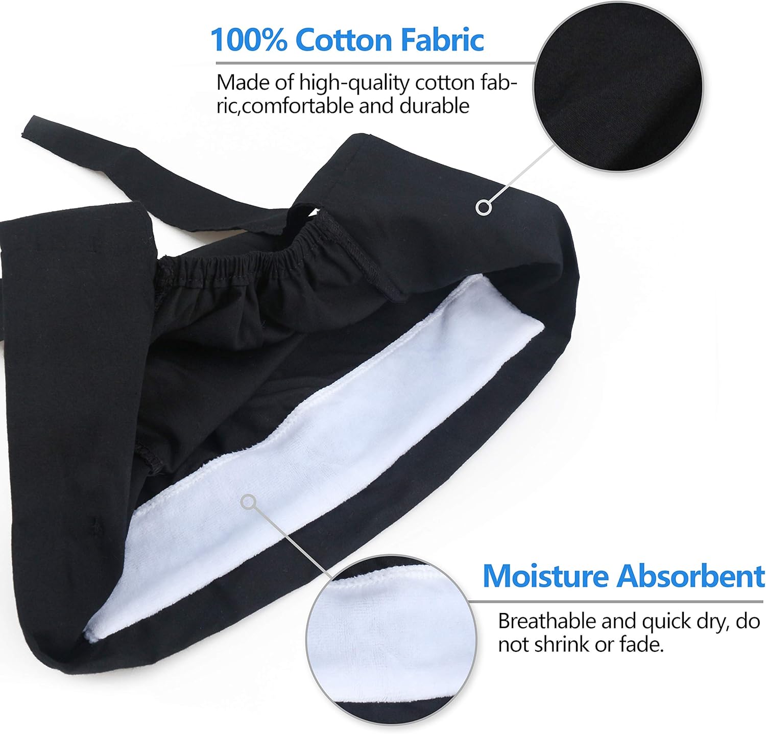 QBA Adjustable Working Cap with Button, Cotton Working Hat Sweatband, Elastic Bandage Tie Back Hats for Women & Men, One Size - Black: Clothing
