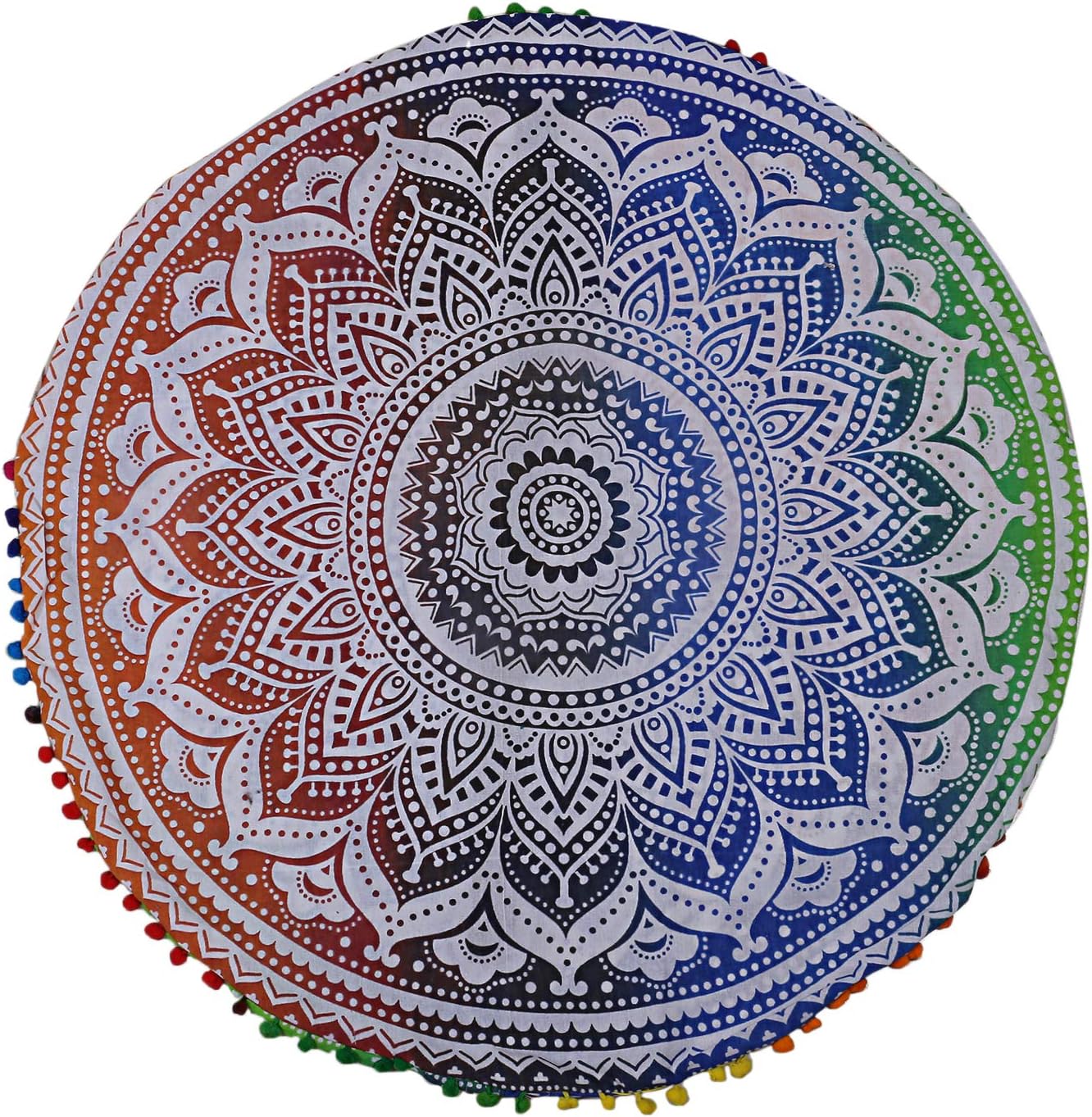 Shubhlaxmifashion Mandala Floor Pillow Cushion Seating Throw Cover Hippie Decorative Bohemian Ottoman Poufs, Pom Pom Pillow Cases,Boho Indian (Multi)