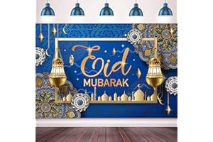 XITUODAI Eid Mubarak Decorations Banner Backdrop, Blue Gold Themed Party Decorations for Eid al-Fitr and EID al-Adha, Ramadan Kareem Background Photo Booth Backdrop
