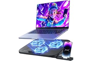 Laptop Cooling Pad with 3 Quiet Fans, 5-Level Height Adjustable Ergonomic Stand, 2 USB Ports & Phone Holder, Fits 12-17 Inch 