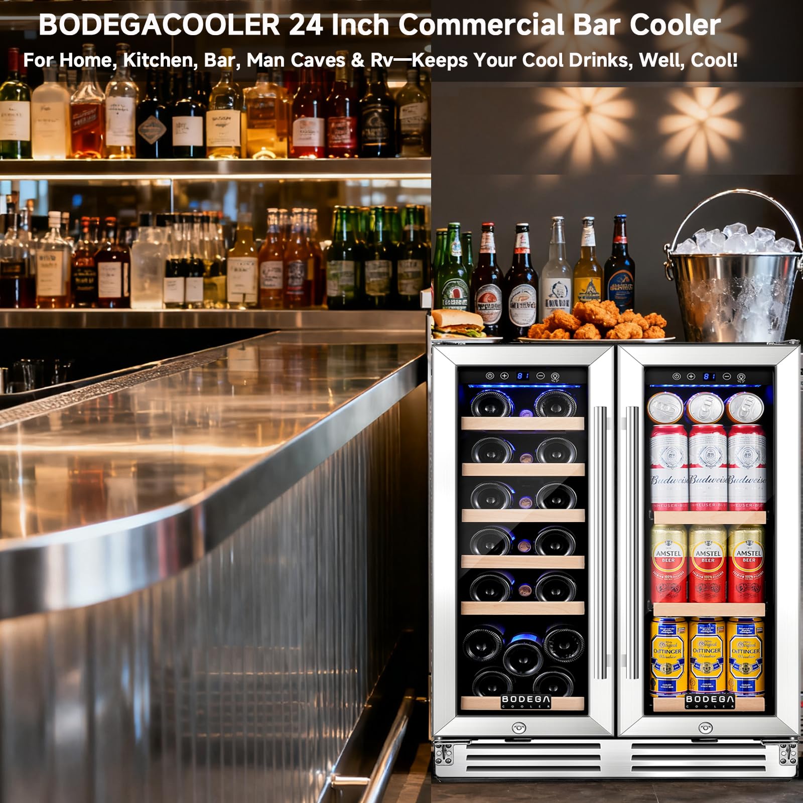 BODEGA 24 Inch Wine and Beverage Refrigerator, Dual Zone Wine and Bar Beverage Cooler, Commercial Black Bar Cooler With 2 Glass Doors, Bar Fridge Hold 19 Bottles and 57 Cans,Built-In or Freestanding.