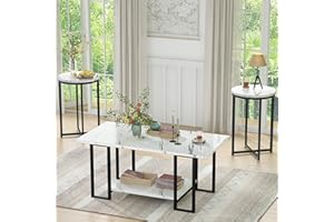 Lamerge 3 Pieces Living Room Table Set, Faux Marble Coffee Table with 2 Round End Side Tables, Coffee Table Set with Metal Frame for Apartment Home Office, White Black