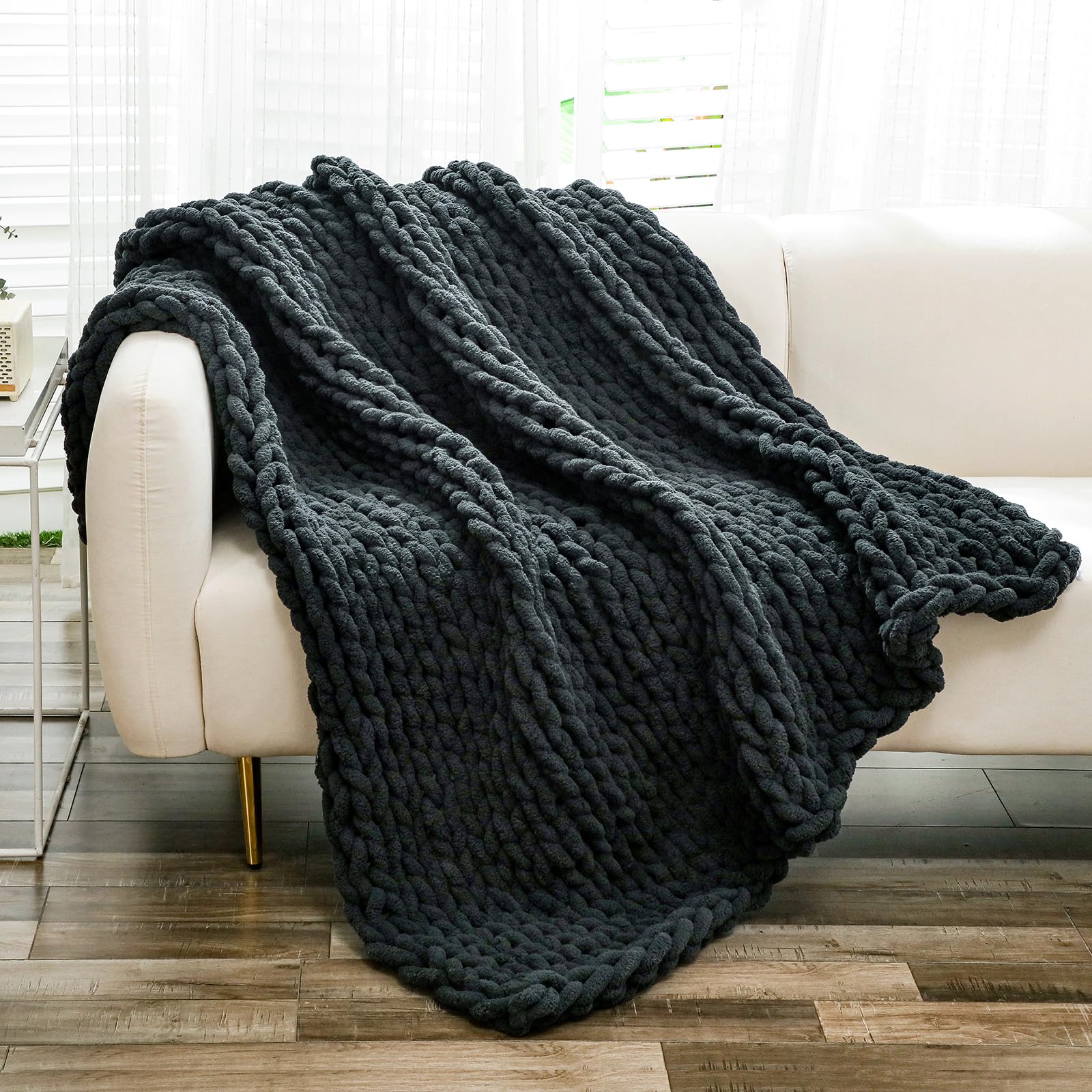 Photo 1 of YAAPSU Chunky Knit Throw Blanket for Couch, 51"x63", 100% Hand Knitted Thick Cable Knit with Cozy Jumbo Chenille Yarn, Soft Large Rope Knot Crochet Blankets for Sofa Bed Living Room Décor, Black Grey
