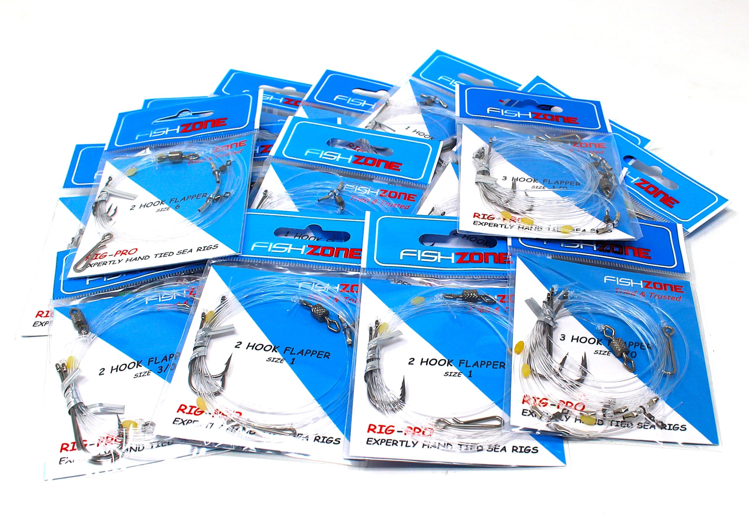 FISHZONE RIG PRO SERIES - Bumper Bundle 16 Assorted Commercial Quality FLAPPER Ready Tied Rigs - Ideal for Sea and Shore Fishing (1, 2 and 3 hooks available)