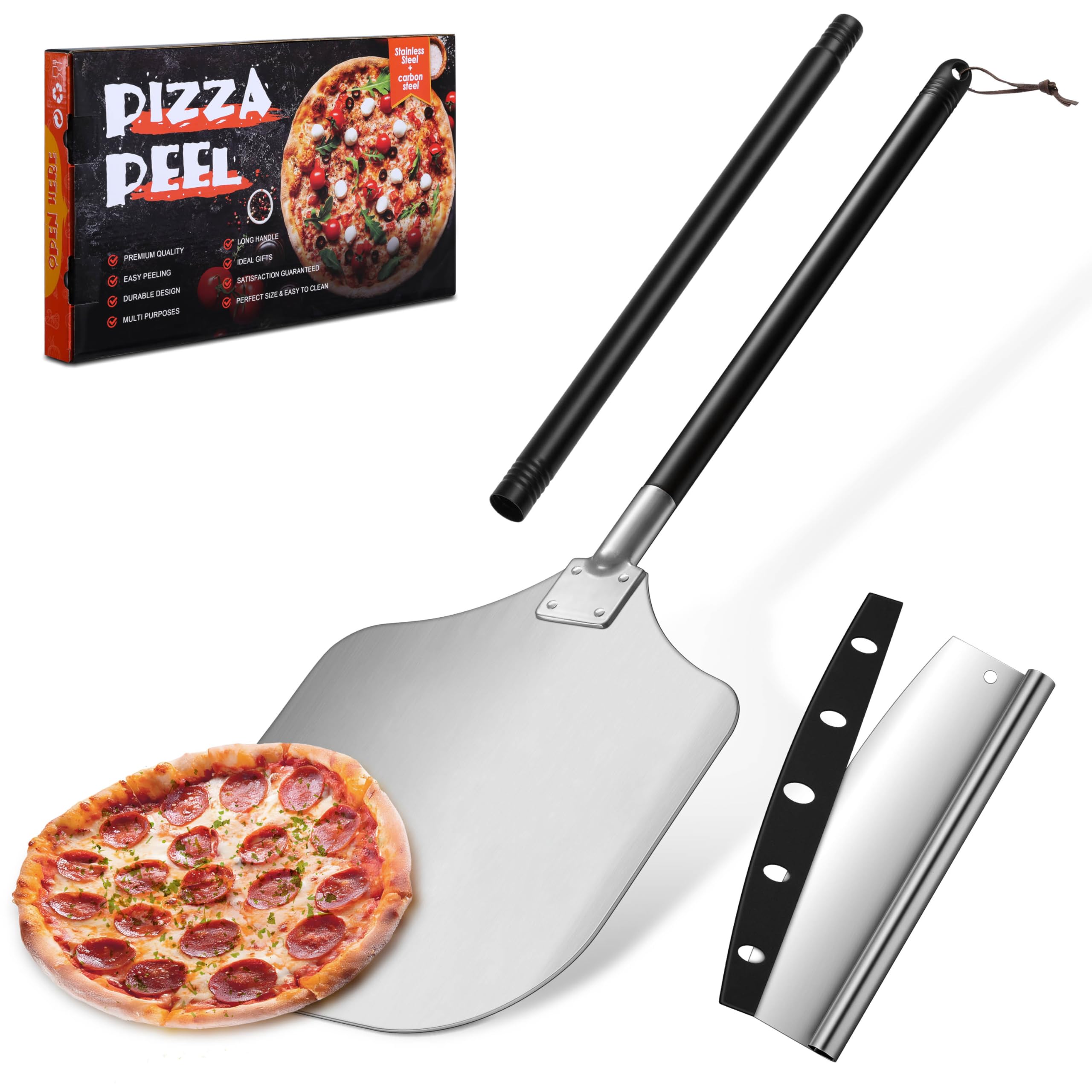 Photo 1 of Pizza Peel Aluminum Pizzas Spatula (12 Inch), Joyfair Long Handles Metal Pizza Paddle with Cutter Rocker Pizza Oven Accessories Turning Tool Kit, Extent length 38.5” to 49”, (Painted Handle)