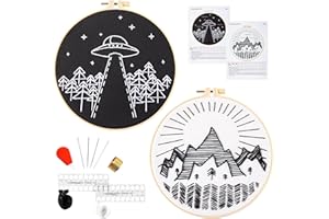 ARMINDOU Line Embroidery Kit for Adults Kids Beginners, Hand Embroidery Starter Kit with Black White Pattern, Counted Stamped Cross Stitch Needlepoint Kit for Beginner Adult, 2 Set Embroidery Supplies, 2 Hoops