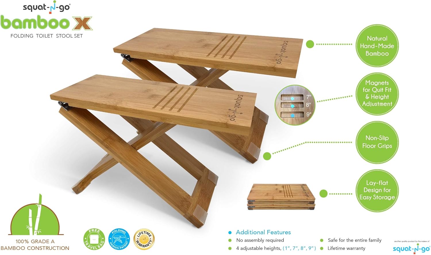 Squat N Go Bamboo X Toilet Stool | Fully Adjustable, Ultra Portable & Eco Friendly | Bonus Travel Bag Included: Health & Personal Care