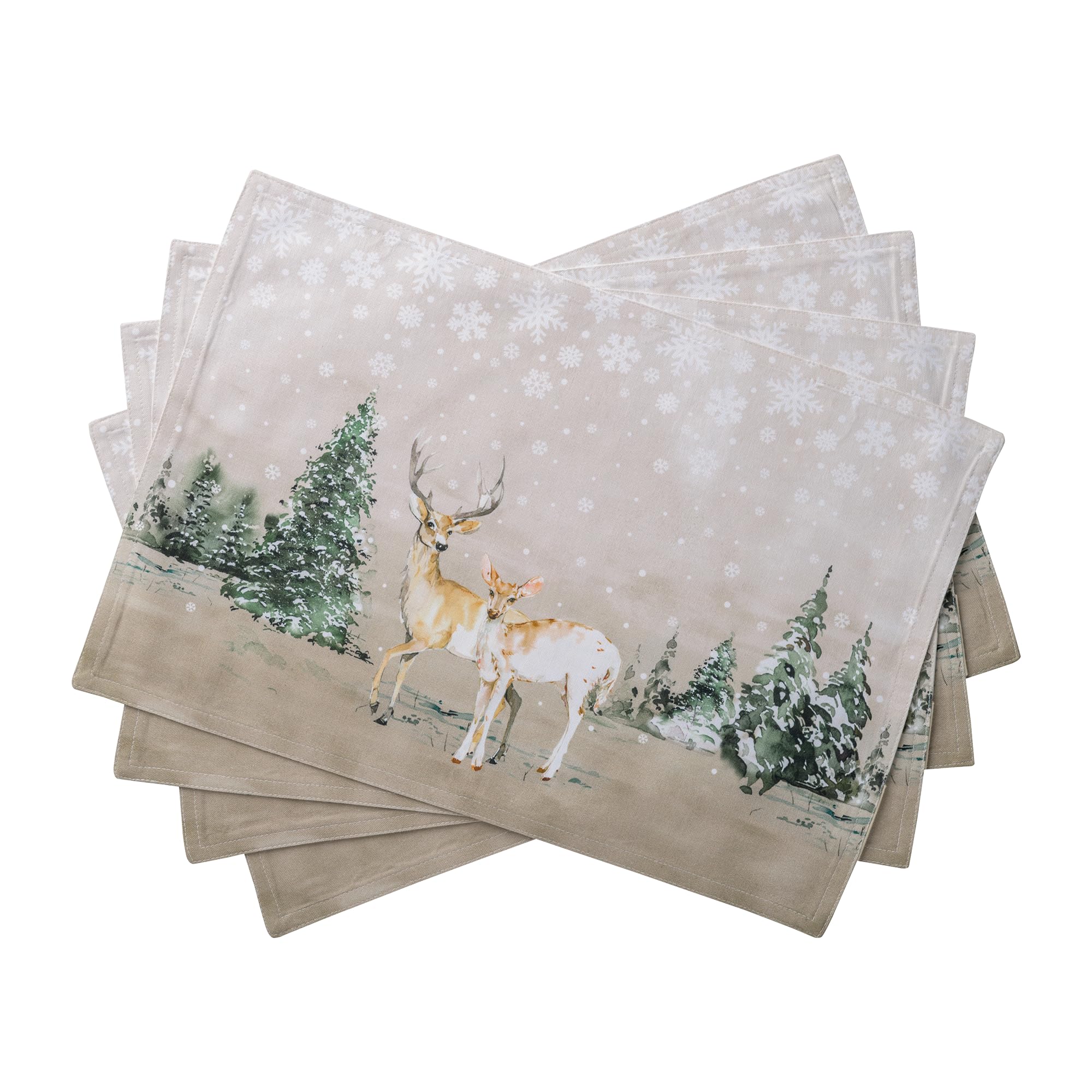Maison d' Hermine Placemats Set of 4 100% Cotton Washable Cloth Place Mats, Reusable Table Mats for Christmas Decorations Kitchen Dining Party Wedding Restaurant (Deer in The Woods, 33 CM x 48 CM)