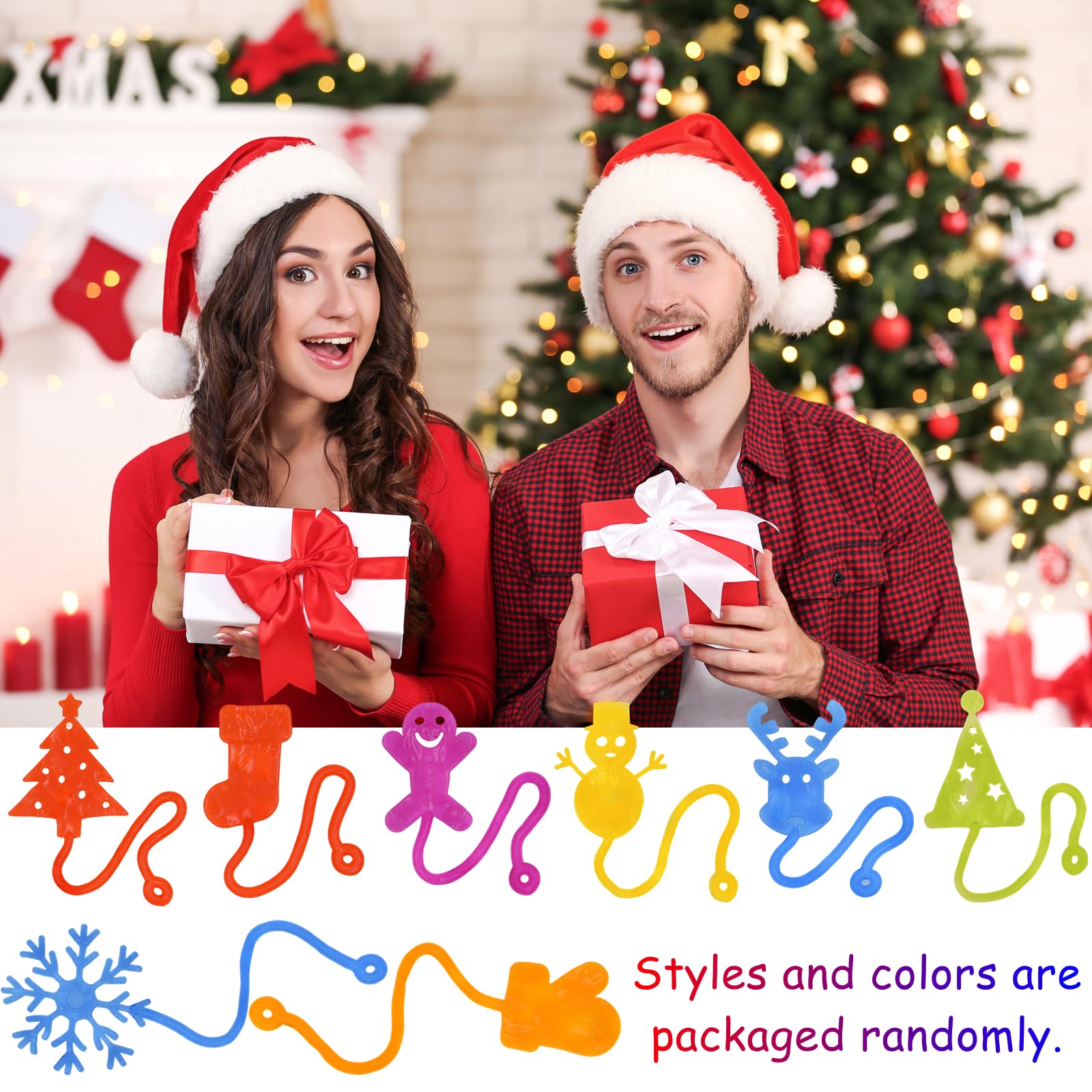 36 Pack Christmas Sticky Hands Toys Christmas Tree Hat Stocking Glove Deer Snowman Sticky Stretchy Toys for Kids Girls Boys Christmas Stocking Stuffers Party Favors Gifts