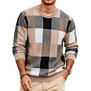 COOFANDY Men's Plaid Crew Neck Sweater Long Sleeve Knit Pullover | Color Block Retro Casual Top, Soft Stretchy Knitted Fall C