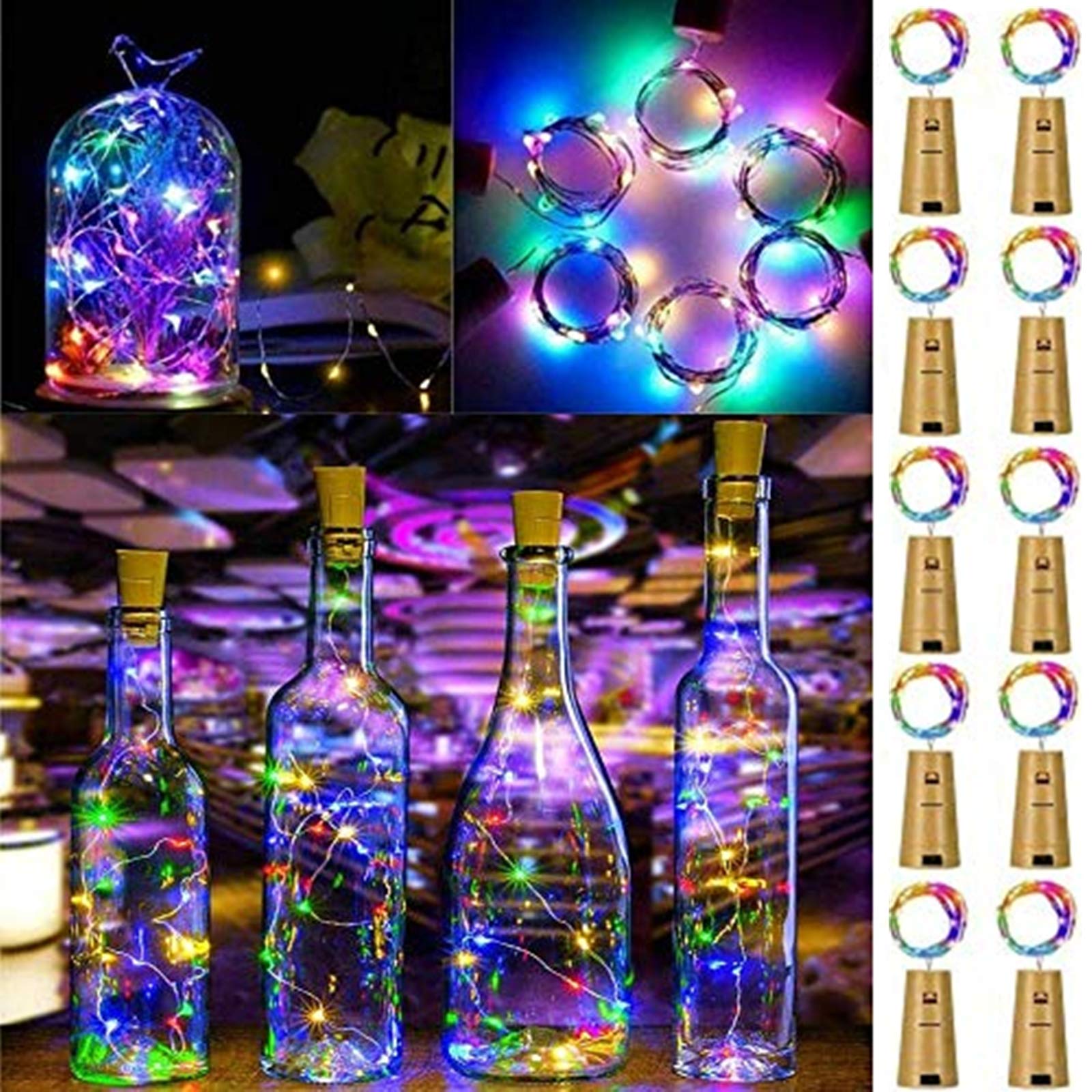 FANSIR Wine Bottle Lights with Cork, 10 Pack Battery Operated LED Cork Silver Wire Fairy Mini String Light for Party Birthday Wedding Christmas DIY Table Centrepiece Indoor/Outdoor Decor (Multicolor)