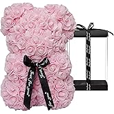 DuHouse Rose Bear Rose Teddy Bear Flower Gift Black Box for Valentines Gifts Anniversary Christmas,Birthdays Bridal Showers -Fully Handmade 10 inch Flower Bear Clear Gift Box (Light Pink)