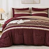 WONGS BEDDING Burgundy Comforter Set Queen Size, 7 Pieces Maroon Striped Bed in a Bag Comforter and Sheet Set,Patchwork Soft Lightweight Micorfiber Bedding Set for All Seaon (90"×90")